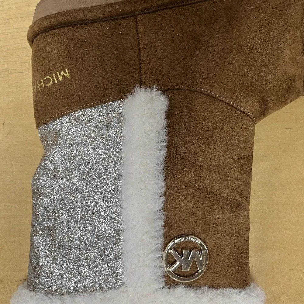 Michael Kors Boots Girls Size 4‎ Brown Silver Glitter Faux Fur Shearling Winter